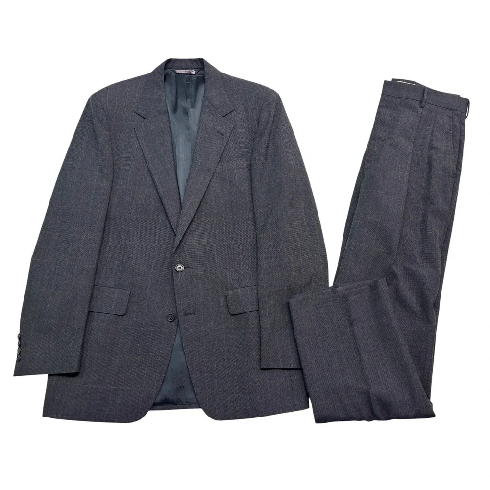 vtg 90s USA Made 42L 34x33 Charcoal Windowpane Check 2pc Pant Suit Wool Pleated